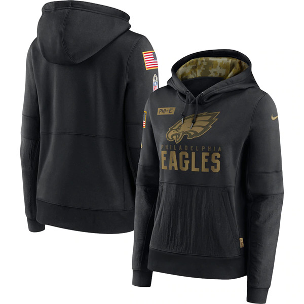 Women's Philadelphia Eagles Black NFL 2020 Salute To Service Sideline Performance Pullover Hoodie(Run Small)
